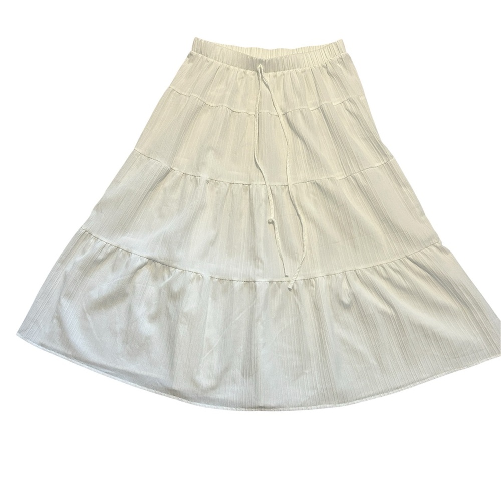 White Tiered Boho Midi Skirt | Flowy Elastic Waist Summer Cottagecore Skirt